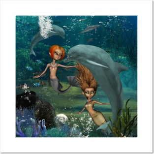 Little mermaids playing with a dolphin Posters and Art